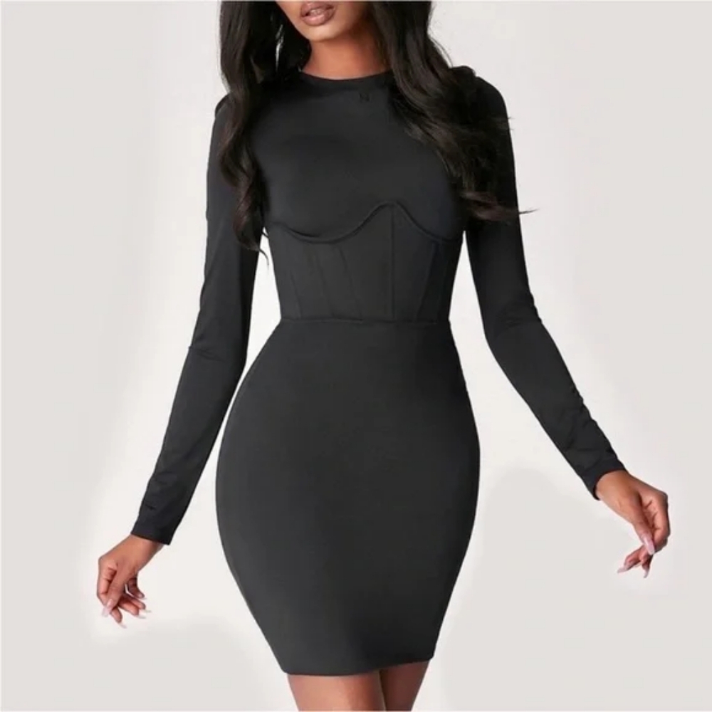 Meshki Astrid Long Sleeve Corset Waist Mini Dress Black Sz M